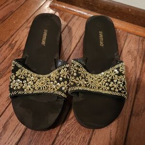Avenue Women's Black Sandals with Gold Embellishments